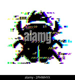 Glitch bug on TV screen pixel noise, digital or VHS effect of static video error, vector background. Glitch bug insect, television screen signal disto Stock Vector