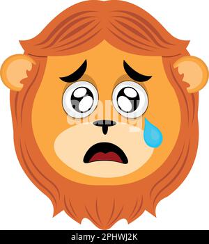 vector illustration lion cartoon face with a sad expression, watery eyes and a tear falling from one eye Stock Vector