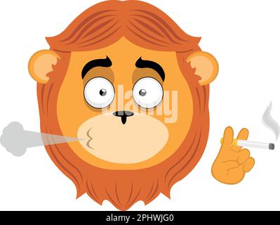 vector illustration face of a cartoon lion smoking a cigarette Stock Vector