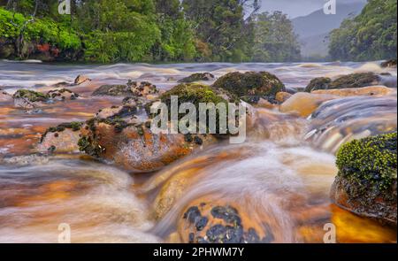 Blurred water in tannin stained river with water cascading on rocks in South west national park, Tasmania, Australia Stock Photo