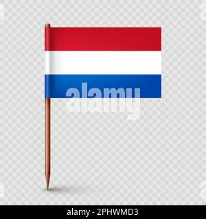 Realistic Dutch toothpick flag. Souvenir from Netherlands. Wooden toothpick with paper flag. Location mark, map pointer. Blank mockup for advertising Stock Vector