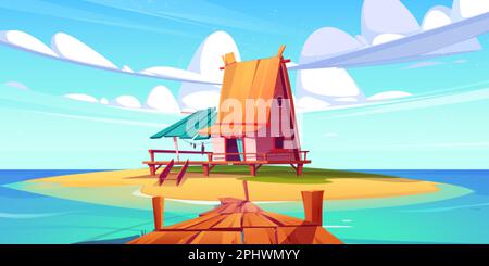 Tropical island with bungalow on beach. Sea or ocean landscape with small house with straw roof and wooden pier. Summer paradise resort cottage, vecto Stock Vector