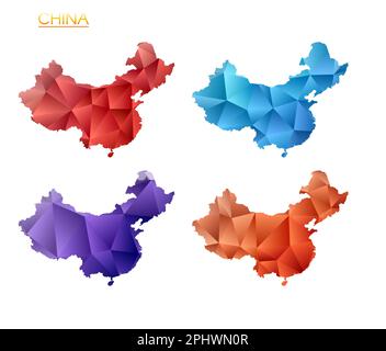 Set of vector polygonal maps of China. Bright gradient map of country in low poly style. Stock Vector
