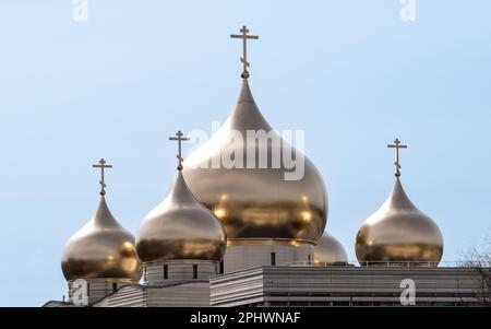 Golden domes of the Holy Trinity russian orthodox cathedral located quai Branly in Paris, France Stock Photo