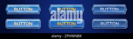 Medieval ui game scratched button with silver frame. Fantasy rpg title sign design on dark background. Isolated 3d royal interface banner element asse Stock Vector
