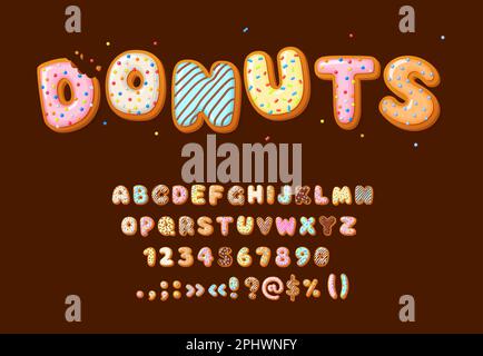 Donut font type, cartoon alphabet typeface letters, vector bakery sweet food numbers. Donut font alphabet with cookie cake candy or chocolate pastry t Stock Vector
