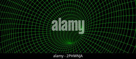 Green wireframe wormhole on black, 3d funnel or portal. Graphic illusion of grid hole, line warp, abstract geometric mesh vector illustration on dark Stock Vector