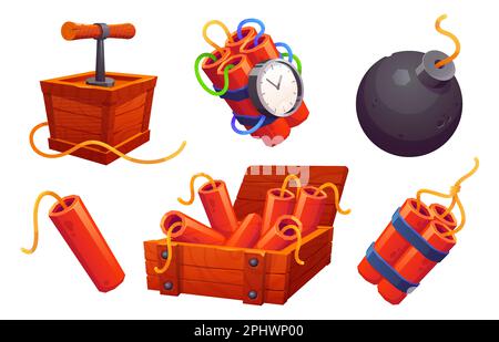 Cartoon set of tnt explosives isolated on white background. Vector illustration of old bomb detonator, fuse, vintage wooden box with dynamite sticks, Stock Vector