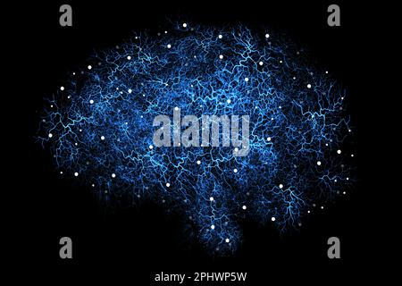 Brain neural pathway, artificial rendering and digital graphic of intelligence and neuroscience in studio. Isolated, black background and no people Stock Photo