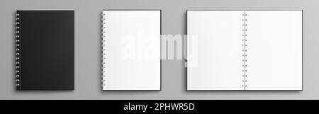 Spiral binder notebook vector mockup template with white paper. Realistic blank notepad planner mock up. Isolated note book with closed empty black co Stock Vector