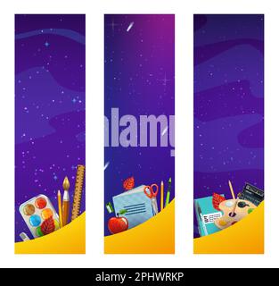 Space landscape banners, starry galaxy planets and spaceships ...