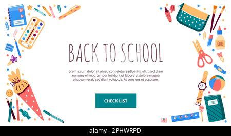Frame with school stationery objects.Vector illustration in flat style Stock Vector
