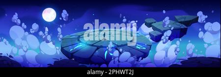 Cartoon game platform floating in clouds. Vector illustration of large stone circle arena with blue neon ancient runes flying in sky, surrounded by st Stock Vector