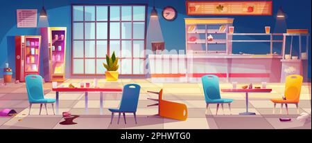 School canteen messy interior with kitchen cartoon background ...