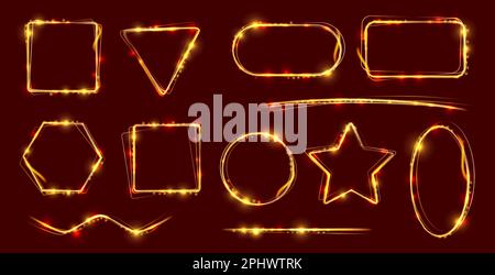 Glow frames with fire flame sparkles and light effect borders, vector backgrounds. Gold glowing sparks and fire light flare frames of circle, square, Stock Vector