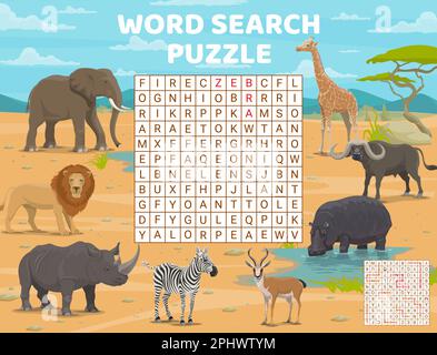 Word search puzzle game with African savannah safari animals, vector ...