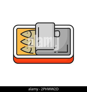 Fishing industry canned tuna fish outline icon. Fish food preserves manufacture, seafood industry or offshore fishing craft product outline vector pic Stock Vector