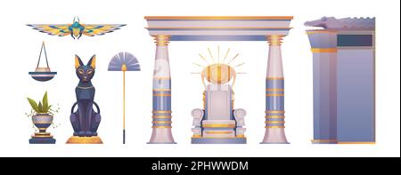 Ancient Egyptian palace or temple with throne, god and pharaoh statues ...