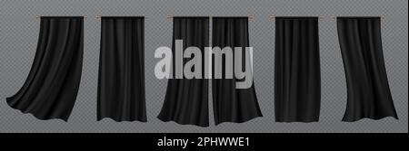 Black silk curtains for window isolated on transparent background. Theater stage fabric drapery fluttering on wind. Hanging soft cloth, curtains, vect Stock Vector