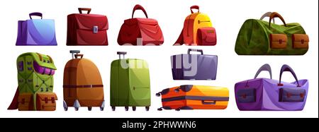 Travel luggage and suitcase vector illustration set. Business case, baggage and backpack cartoon journey isolated clipart collection. Different packag Stock Vector