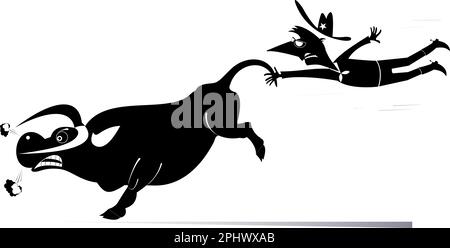 Farmer or cowboy and angry bull illustration. Rodeo. Farmer or cowboy catching a bull by tail. Black and white illustration Stock Vector