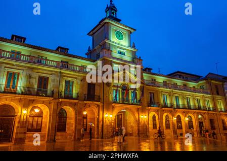 Night view of town hall at Oviedo in Spain. Stock Photo