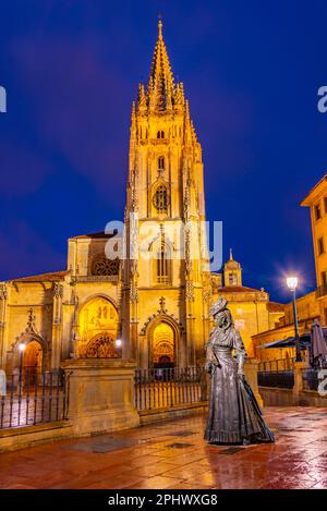 Night view of La Regenta statue in front of the Metropolitan Cathedral of San Salvador of Oviedo in Spain. Stock Photo