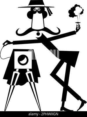 Funny photographer. Retro camera. Long mustache man with a retro camera making a shot. Black and white Stock Vector