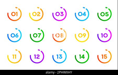 Number bullet point icons 1 to 15, vector circle buttons for infographic or info list. Number bullet points for presentation page marker in round colo Stock Vector