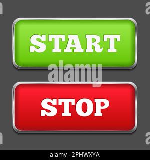 Start and stop buttons with metallic frames, vector eps10 illustration Stock Vector