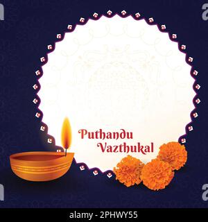 Tamil New Year Puthandu Vazthukal Poster background design with lamp and marigold flowers. Realistic Hindu festival vector illustration. Text message Stock Vector