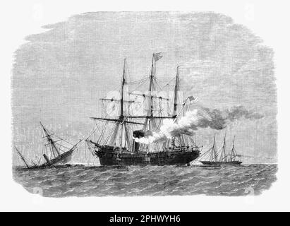 In the Battle of Cherbourg, the Confederate commerce raider CSS Alabama, sinking after a battle with the USS Kearsarge, a Mohican-class sloop-of-war, in 1863 during the American Civil War. Stock Photo