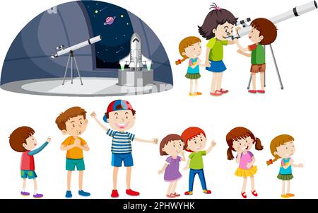 Playful Children Using Telescopes Vector Collection illustration Stock Vector