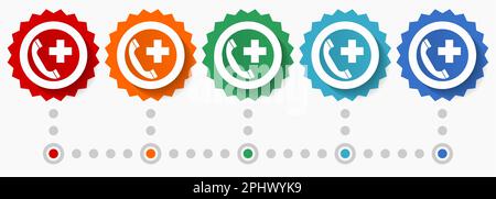 Emergency call vector icon set, colorful infographic template, set of flat design badge icons in 5 color options Stock Vector