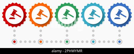Auction, court vector icon set, colorful infographic template, set of flat design badge icons in 5 color options Stock Vector