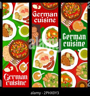 German cuisine banners, Bavarian food dishes and meals, vector restaurant menu. German cuisine traditional schnitzel, sauerkraut and bread with beer a Stock Vector