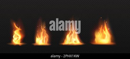 Realistic fire, torch flame set isolated on transparent background. Burning campfire or candle blaze effect, glow orange and yellow shining flare design elements 3d vector illustration, icon, clip art Stock Vector