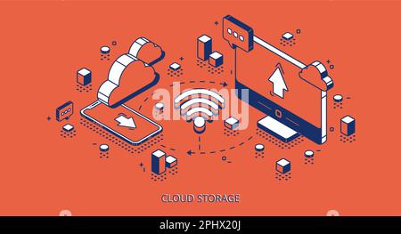 Cloud storage isometric banner. Computer and smartphone connected with cloudy system server via wifi, internet service for smart gadgets, digital technology background 3d vector line art illustration Stock Vector