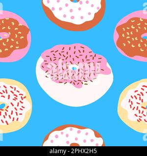 Seamless pattern of donuts with sprinkles, cream, chocolate, pink and wheat base in cartoon style. Sweet bakery. Other doughtnuts. Vector colorful ill Stock Vector