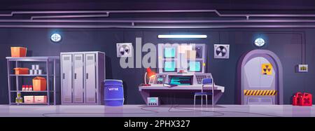 Underground bunker with secret laboratory vector background. Shelter science lab room interior with door, locker, monitor and water. Safe place from nuclear bomb danger. Headquarters command center Stock Vector