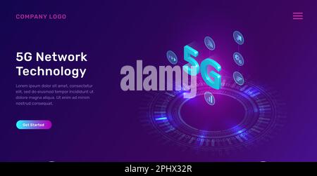 5G network technology, isometric concept vector illustration. 5G symbol wireless internet and interface icons isolated on ultraviolet background with glowing neon circle. High speed internet web page Stock Vector