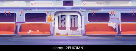 Metro in getto, empty subway tube wagon interior with graffiti, broken seats and garbage around. Old underground metropolitan railroad urban transportation, public railway. Cartoon vector illustration Stock Vector