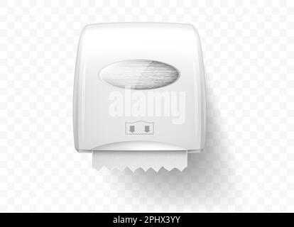 Dispenser for and paper towels, realistic vector. White equipment for public toilets, hygiene care and clean hands, wall-mounted roll towel holder isolated on transparent Stock Vector