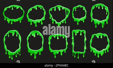 Green slime frames, cartoon vector set of borders with liquid toxic flows, dripping poison and viscous goo. Isolated round, square or rectangular fram Stock Vector