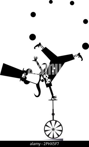 Cartoon in the top hat balances legs up on unicycle and juggles the balls. Stock Vector