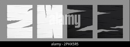 Realistic set of ripped glued wall posters isolated on transparent background. Vector illustration of blank black and white paper sheets with wet wrinkle effect. Old damaged announcement wallpaper Stock Vector