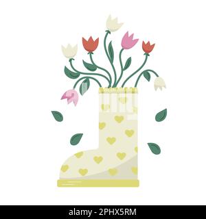 Cute tulips bouquet in yellow boots with hearts. Vector spring romantic card. Garden hand drawn design. Stock Vector