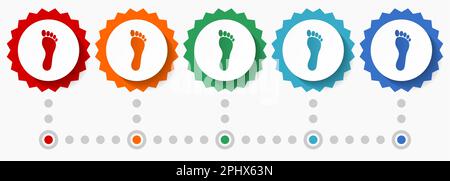 Human foot print vector icon set, colorful infographic template, set of flat design badge icons in 5 color options Stock Vector