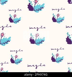 Seamless vector pattern with colored stars of various sizes and magic wand. Childish background for postcards, wallpaper, papers, textiles. Stock Vector