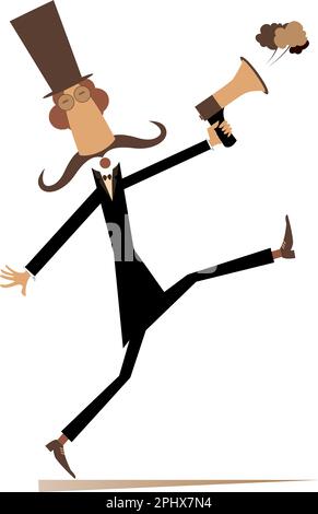 Man, megaphone and news isolated.  Cartoon mustache in the top hat man with megaphone makes announcement Stock Vector